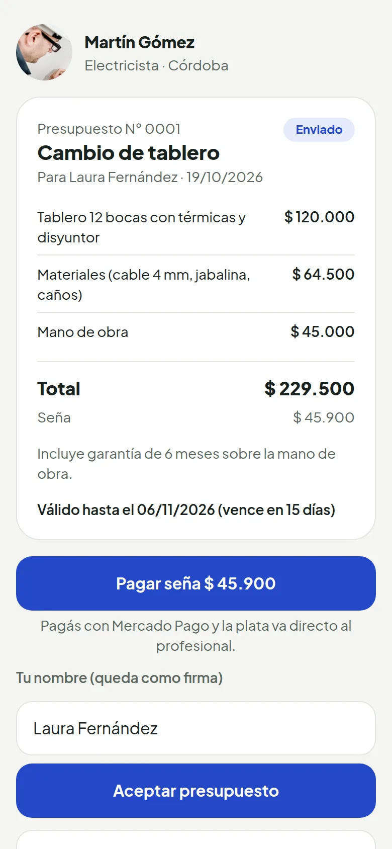 Presupuesto con total, seña para pagar con Mercado Pago y botón para aceptarlo
